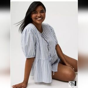 Torrid Cotton Puff Sleeve Open Tie Front Striped Blouse 1X